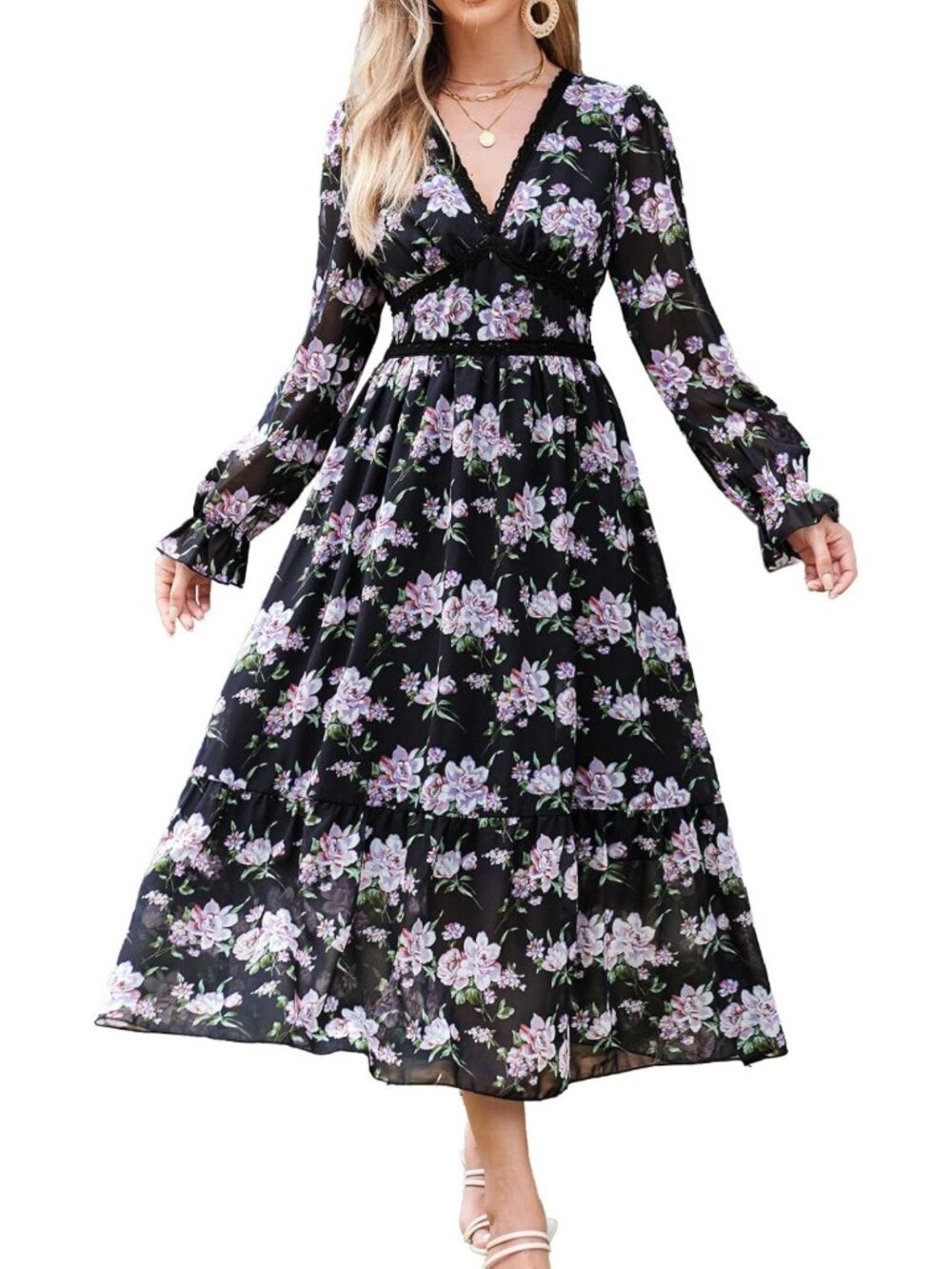 Floral V Neck Long Sleeve Maxi Dress - Women's Spring Wedding Guest & Party Wear